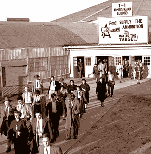 Administrative employees leaving TC-1 at the end of the day (circa 1953)